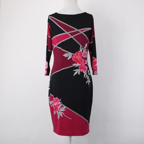 Cache Dress Sz 4 Black Pink Floral 3/4 Sleeve Midi Polyester Spandex  Dress - Picture 4 of 13